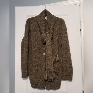 Fashion Bug Women"s Sz L Brown & Black Button Up Knit Sweater w/ Scarf